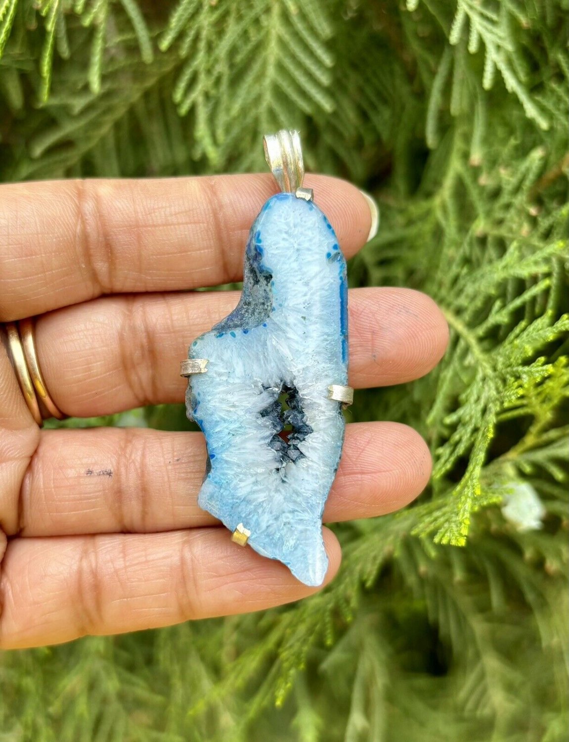 925 Sterling Silver Plated, Turquoise Blue Druzy Geode Agate Stone Pendant 1