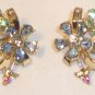 Vintage Coro Gold Tone Colored Rhinestones Flower Clip Earrings