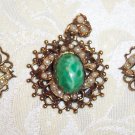 Karu Demi Parure Pendant/Earrings Faux Pearl and Green Art Glass Cabachon