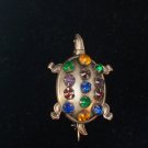 Sterling Silver Figural Turtle Brooch/Pin Colored Rhinestones