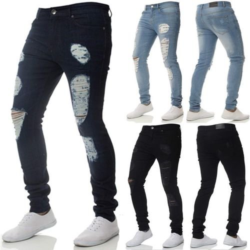 Plus Size Pure Color Low Waist Ripped Jeans Men Slim Fit Pocket Leggings Stretch Destroyed Pants