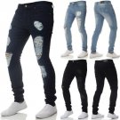 Plus Size Pure Color Low Waist Ripped Jeans Men Slim Fit Pocket Leggings Stretch Destroyed Pants