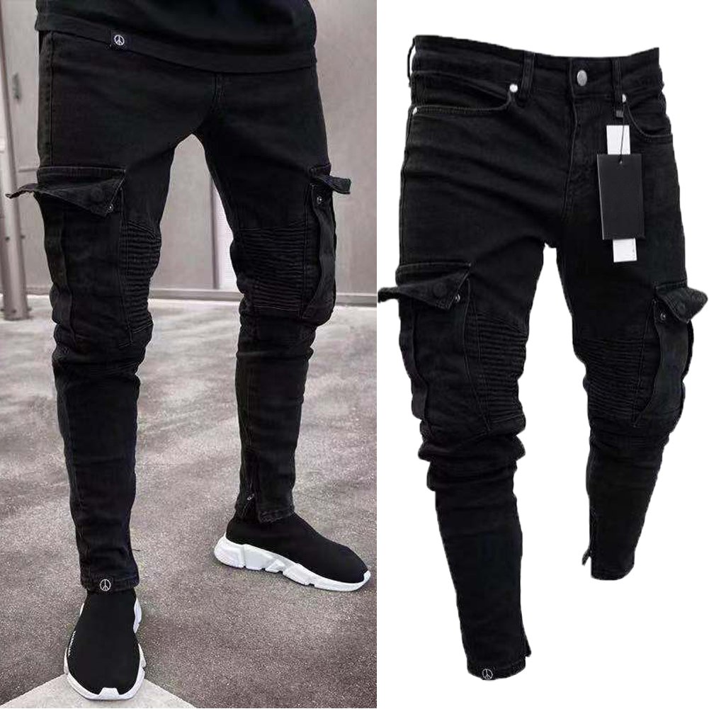 Torn long jeans for male biker, black elastic destroyed jeans