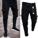 Torn long jeans for male biker, black elastic destroyed jeans