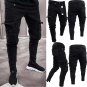 Torn long jeans for male biker, black elastic destroyed jeans