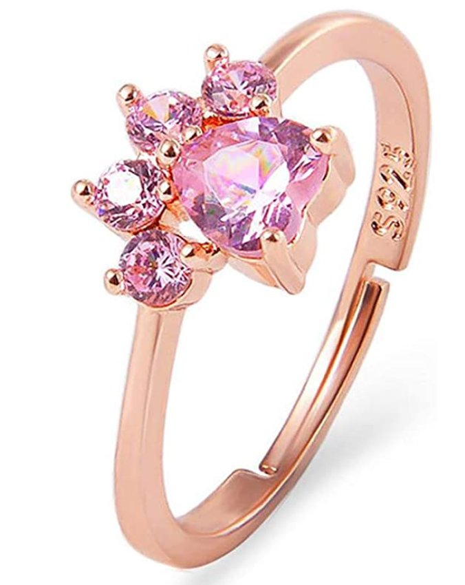 Adjustable Open Ring Cute Puppy Pet Cat Claw Ring Rose Gold Cubic Zirconia