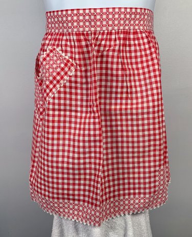 Womens Handmade Cotton Kitchen Apron Half Waist Red White Checked Gingham