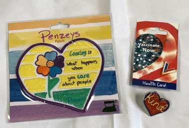 New Penzeys Spices Lot Cooking Patch V Vaccinate Now Pin & Heart Shaped Kind Pin