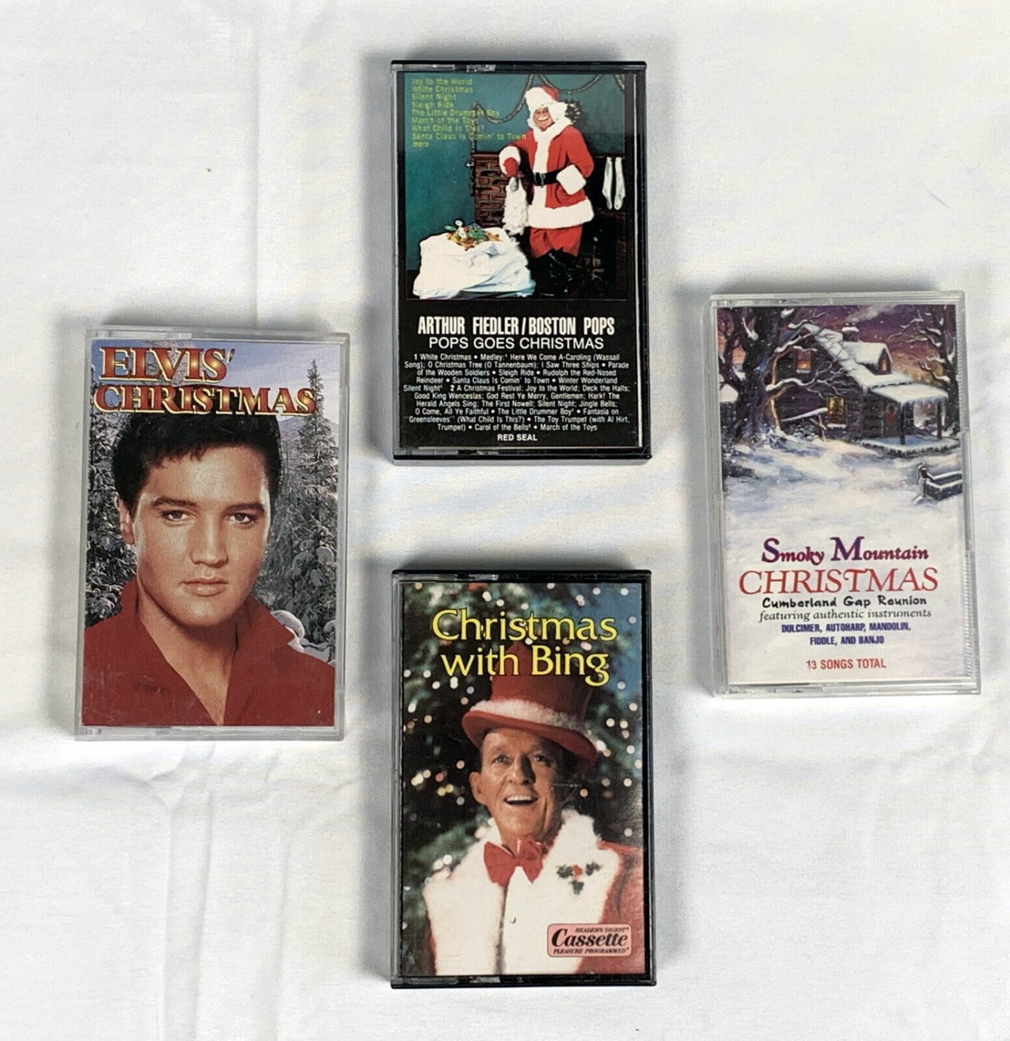 4 Christmas Cassette Tapes Elvis Bing Crosby Smoky Mountain Boston Pops