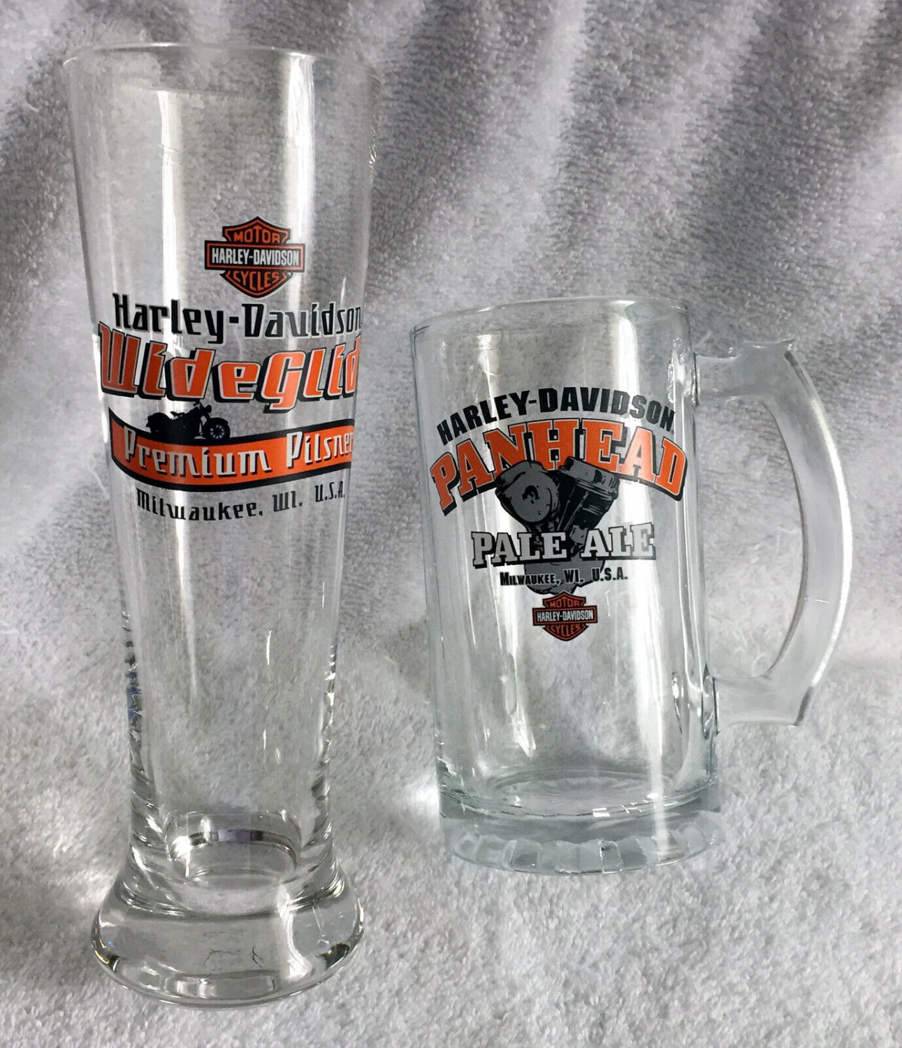 2 Harley Davidson Panhead Pale Ale Mug & Wide Glide Pilsner Tall Beer Glass