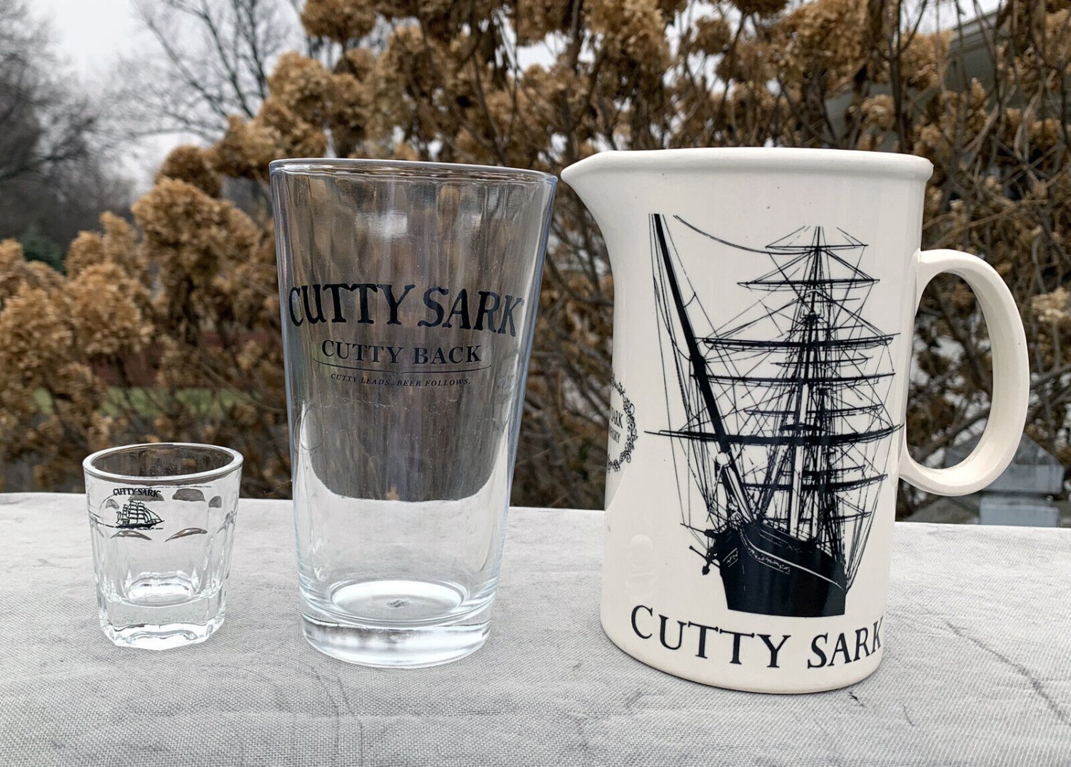 Cutty Sark Scotch Whisky White Pitcher Pint & Shot Glass Cutty Leads