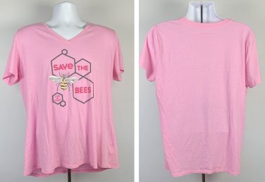 Life is Good Save the Bees V Neck Cool T Shirt Womens XL Pink Honeycombs