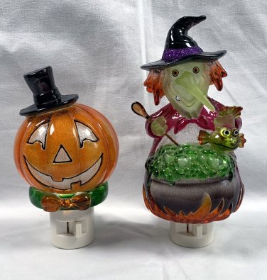 2 Halloween Night Lights Sparkle Witch with Cauldron & Frog  & Jack o Lantern