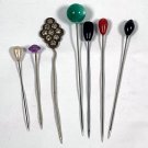 7 VTG Antique Vintage Hat Stick Pins Faux Pearl Purple Green Black Rhinestone