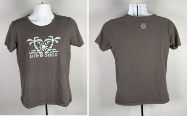 Life is Good Palm Trees Beach Ocean Sunset Crusher T Shirt Womens Medium Gray