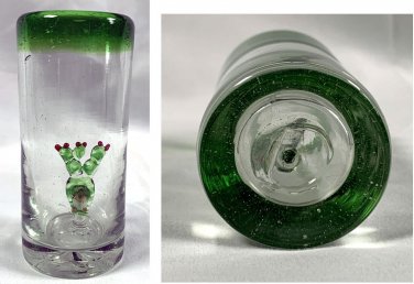 Hand Blown Sleeping Mexican Man Sombrero Cactus Shot Glass 2 oz Green Rim 3.5"