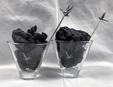 2 Etched Grey Goose Vodka Crystal Cocktail Glasses + Metal Olive Picks