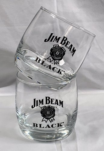 2 New Etched Jim Beam Black Bourbon Whiskey glasses black logo 8 oz