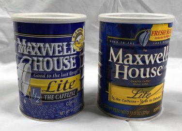 2 Vintage Empty Maxwell House Lite Coffee Can Tins White Lid 11.5 oz