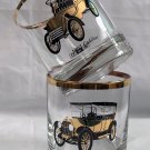 2 Classic Car Cocktail Gold Rimmed Glasses 1903 Cadillac 1912 Chevrolet