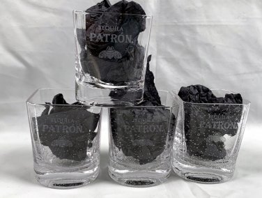 4 New Patron Tequila Etched Bee Logo Bubble Square Shot Glasses 2 oz