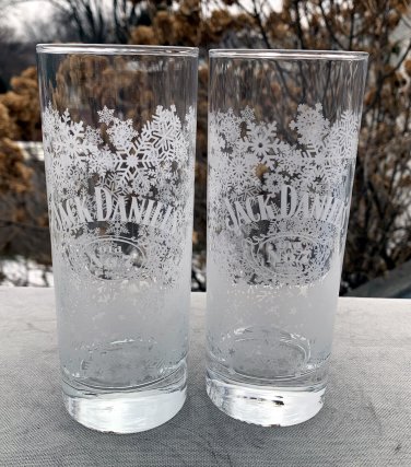 2 New Jack Daniels Old No 7 Brand Tall Whiskey Glasses Snowflake Design 10 oz