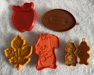 6 Vintage Hallmark Cookie Cutters Plastic Football Squirrel Pilgrims Leaf Apple