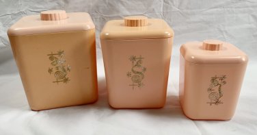 3 Vtg Pink Kitchen Nesting Canisters MCM Atomic Flowers Flour Sugar Tea USA Made