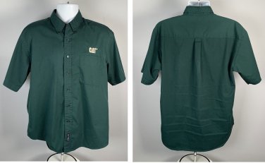 CAT Caterpillar Short Sleeve Button Front Shirt Mens Large Green Cotton Poly