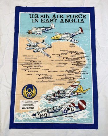 US 8th Air Force East Anglia Cotton Kitchen Towel Airplanes Bases Thunderbolt