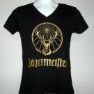 Jagermeister Gold Shiny Stag Logo V Neck T Shirt Womens Large 100% Cotton Black