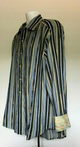 Robert Graham Striped Blue Black Mens Shirt Size XL Knowledge Wisdom Truth