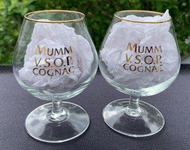 2 New Mumm VSOP Cognac 8 oz Stemmed Snifter Cocktail Glasses Gold Rimmed