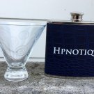 New Hpnotiq Exotic Tapered Swirl Logo Clear cocktail Glass & Metal Flask