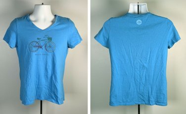 Life is Good Mobile Device Bike Logo Crusher V Neck T Shirt Womens Medium Blue