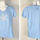 Life is Good Starfish Crusher V Neck T Shirt Womens Large Blue Beach
