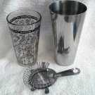 Vintage Glass Steel Cocktail Drink Shaker Strainer Retro Man Cave Black Writing