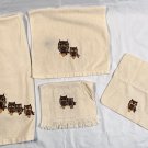 4 Vintage Martex Embroidered Mom & Baby Owl Bird Bathroom Towels MCM Yellow USA