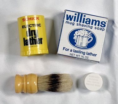 Made Rite Badger Shaving Brush, Williams Mug Soap, Schick Dry Lather Bloc-Men