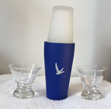2 Grey Goose Vodka Embossed Cocktail Glasses and Stainless Steel Cocktail Shaker