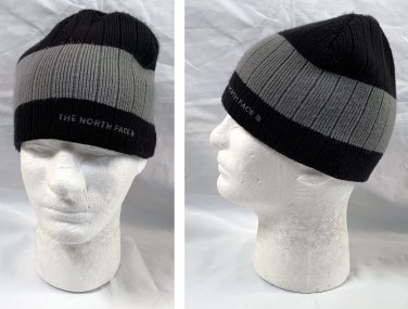The North Face Ribbed Beanie Hat Embroidered Logo Black Gray Stripe Acrylic