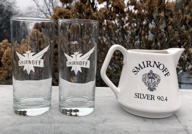 Smirnoff Vodka Silver 90.4 White Ceramic Pitcher & 2 Tall Etched Glasses 14 oz
