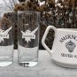 Smirnoff Vodka Silver 90.4 White Ceramic Pitcher & 2 Tall Etched Glasses 14 oz