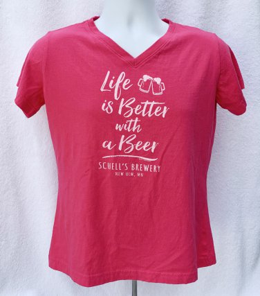 Schells Brewery Life is Better With Beer V Neck T Shirt Womens Medium Pink