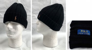 Ralph Lauren Polo Ribbed Beanie Hat Embroidered Pony Logo Black Acrylic