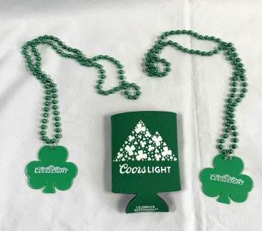 2 Coors Light Beer St Patty's Day Beaded Necklaces + Koozie Mardi Gras Shamrocks