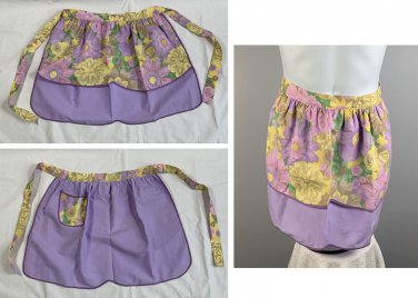 Womens Handmade Cotton Kitchen Apron Half Waist Reversible Purple Floral Pocket