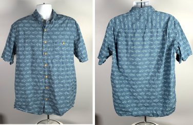 Duluth Trading Fish Print Button Front Shirt Mens Large Tall Cotton Blue