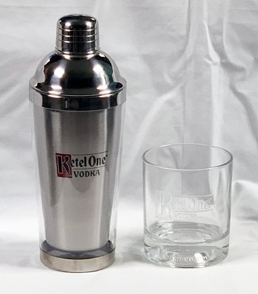 New Ketel One Vodka Embossed Cocktail Rocks Glasse + Cocktail Shaker