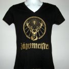 Jagermeister Gold Shiny Stag Logo V Neck T Shirt Womens Small 100% Cotton Black